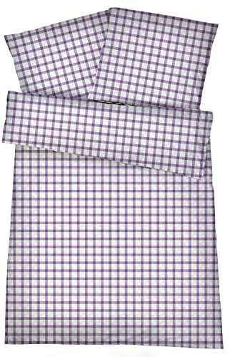 Kühle Mako Perkal Bettwäsche 135 x 200 cm in Lila Violett aus 100 % Baumwolle für besten Schlafkomfort bei warmen Temperaturen – 2-teiliges kariertes Bettwäsche-Set mit Kopfkissenbezug 80 x 80 cm