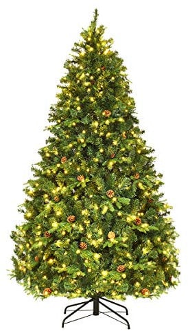 COSTWAY Albero di Natale 210/225/240 cm, con 460/540/600 Luci a LED Bianco Caldo Incorporate, 925/1125/1335 Rami e Pigne, per Casa e Negozio (210cm)