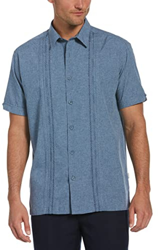 Cubavera Camicia da Uomo a Maniche Corte Geometriche in Chambray con nervature, Vestito Blues., XXL