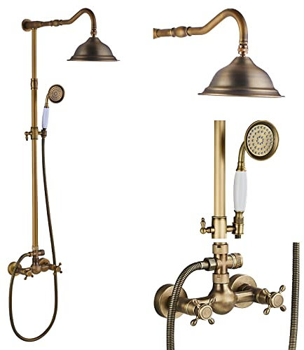 Rozin Duschsystem Messing Duschmischer 80-120 cm verstellbares für Badezimmer Dusche mit 8 Regendusche Handbrause Kopf Antikes Messing Duschset