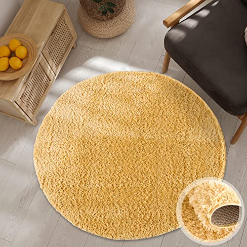 carpet city Hochflor Teppich Wohnzimmer - Einfarbig Gelb - 120x120 cm Rund - Shaggyteppich Langflor Uni - Schlafzimmerteppich Flauschig Weich - Moderne Wohnzimmerteppiche