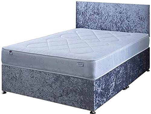 Perfect Sleep 4FT Small Double Silver Crushed Velvet Divan Bed Set Including Deep Quilt Mattress And Headboard