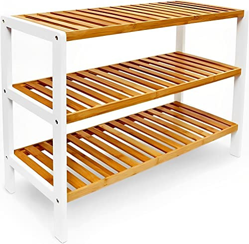 Unibos Bamboo Shoe Bench 3 Tier Shoe Rack Storage Organiser Shoe Racks Storage Shelf Organizer Perfect For Entryway Living Room Hallway Holds Up To 12 Adult Shoes (Natural)