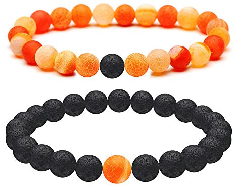 Perlen Armband, Kristallarmband Orange Verwitterter Achat + Vulkanstein Natursteinarmband Steinperlenarmband Verstellbares Freundschaftsarmband Weihnachtsschmuck Geschenk Für Frauen Mädchen Jungen