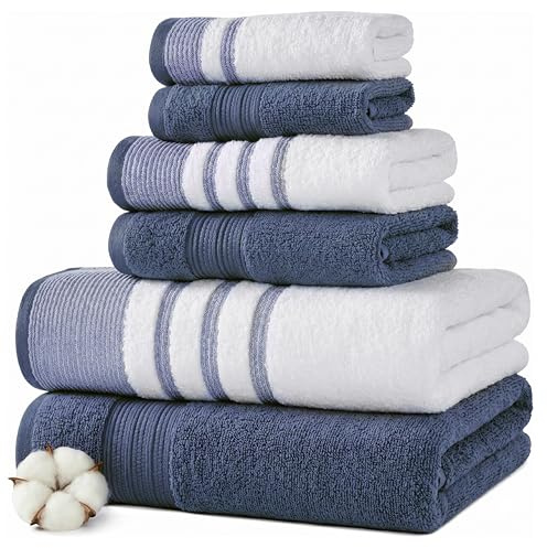 Modern Threads 6-Piece Towel Set – 100% Cotton, Quick Dry, Ultra Absorbent – Includes 2 Bath, 2 Hand, 2 Washcloths (White/Reinhart Blue)