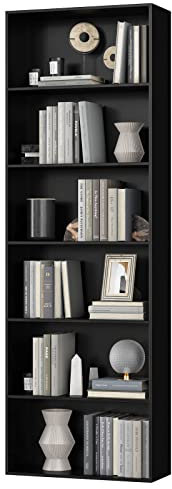 FirFurd Bookcase 6 Tiers Bookshelf Black Tall Display Shelf Freestanding Wooden Storage Unit for Living Room Bedroom Office 60x23.5x180cm