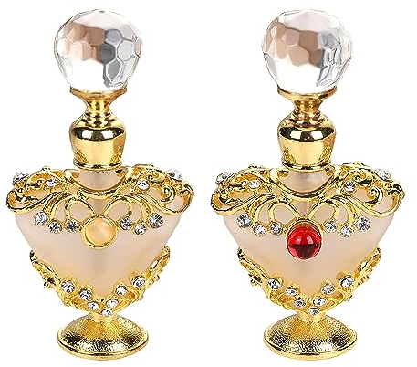 Rayberro Love Heart Vintage Perfume Bottle, 2 Pack 5ML Vintage Glass Bottle Metal Base Inlayed Crystal Rhinestone Empty Refillable Essential Oil Dropper Bottle Decorative Glass Bottles Women Girl Gift