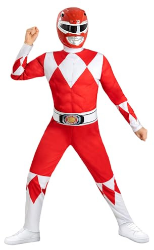 Funidelia Offizielles Roter Power Ranger Kostüm für Kinder, enthält Overall, Gürtel und Halbmaske, Superhelden - Outfit für Kinder für Partys, Karneval und Halloween