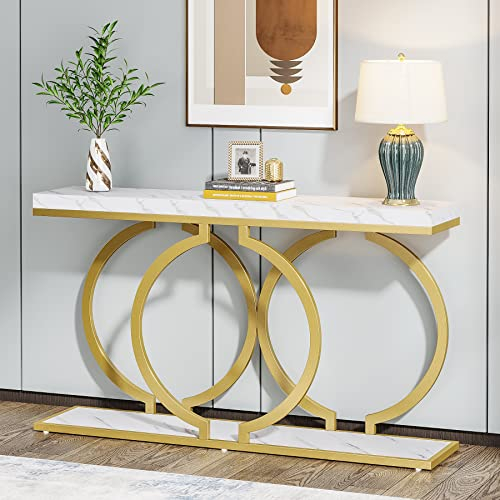 Tribesigns Table Console dorée de 140 cm, Table d'entrée Moderne avec Pieds en métal doré en Forme de O, Imitation marbre Blanc, Table d'entrée pour Salon, entrée, Couloir, Blanc et doré