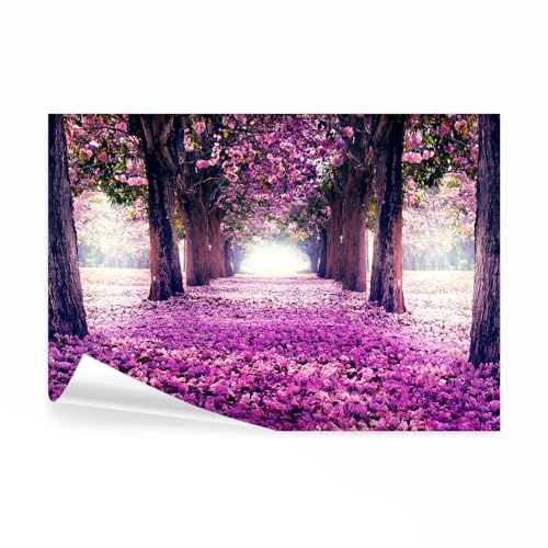 decomonkey Papier Peint Panoramique Adhésif Allee Fleurs 343x256 cm | Stickers Muraux Salon Chambre Déco XXL Autocollant, Rose gris violet, Routes arbres fleurs forêt feuilles nature paysage