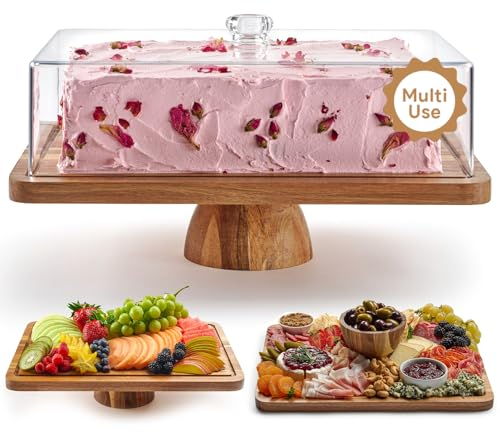 HOMESPHERE Présentoir à gâteau rectangulaire en bois d'acacia avec couvercle – Présentoir à gâteau 2 en 1 – Ensemble de présentation de table à dessert et planche à charcuterie pour fromage, frites,
