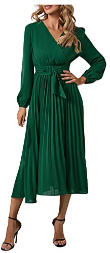 LUNULE Damen-Kleider Kostüm Damen Elegant Kleid Damen Langarm Plisseekleid mit Gürtel V-Ausschnitt Ballkleid Lässige Langkleider mit Rüschen Einfarbig Midikleid Wadenlang Tunika Kleid Grün M