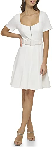 DKNY Damen Kleid mit Sweetheart-Ausschnitt aus Scuba Crepe mit Flügelärmeln, Elfenbein, 36