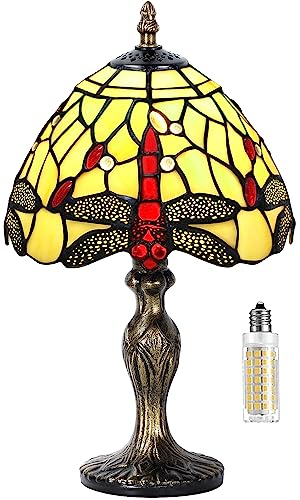 MIAOKE Tiffany Style Tischlampe, VintageTischlampe Handcraft Glasmalerei Lampenschirm Tischlampen für Schlafzimmer Nachttischlampe Arbeitszimmer Office (Hell-W-Libelle)