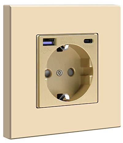 BSEED Enchufe de pared con 1 USB y 1 Tipo C,Oro 16Amp Schuko Enchufe Simple on Panel de Plastico,toma de corriente con cargadores USB-Max.2.1A,20W Cargador USB C adecuado para Smartphone MP3 Tablet