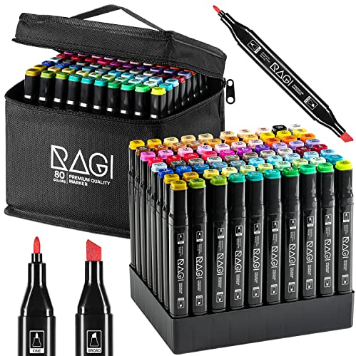 RAGI Alkohol Marker Stifte Set - 80 Twin Marker in Intensive Farben - Filzstifte Doppelseitig zum Malen von Illustrationen, Schnell Trocknend, Wasserfest und Sicher - Set mit Basis in Schwarzer Tasche