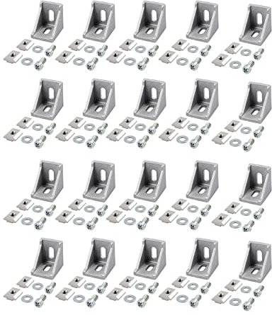 Bohaner 20 x Befestigungsmaterial Winkel, Aluprofil 20x20 Nut 6 Aluminium Winkelverbinder Eckwinkel Eckverbinder Wandhalter 90 Grad Winkel Raster für 3D-Drucker, CNC-Fräsen, DIY-Projekte