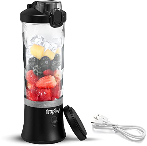 Total Chef Portable Mini Blender Cordless Personal Smoothie Maker 600ml Fruit Veggie Juicer Cup with Lid 6 Blades USB Rechargeable Ideal for Baby Food Gym Travel Sport On The Move Home Office Black
