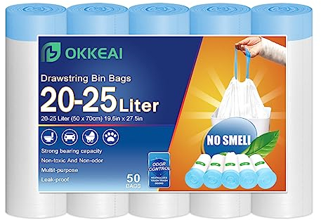 OKKEAI Pedal Bin Liners 20-25L Bin Bags Drawstring Tie Handle White Plastic Strong Waste Bags Kitchen Garbage Bags 50 Counts Tall Trash Bags, Fit 15L,23L,30L Medium (50x70cm)