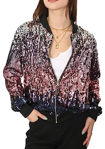 ANNA-KACI Damen Pailletten Rib Rop Langarm Reißverschluss Bomberjacke Jacke, Silber Rosa, Large