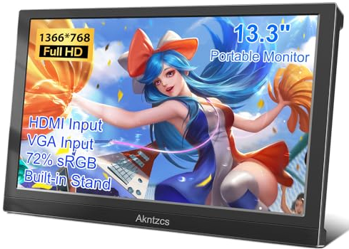 Akntzcs Tragbarer Monitor 13,3 Zoll Portable Monitor HD 1366 * 768 Externer Laptop-Monitor HDMI-Reisemonitor für Computer/PS3/PC/Switch/Xbox, Integrierte Lautsprecher&Ständer