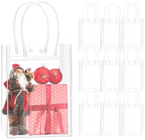 10 Stück Klare Geschenktüten mit Griffen, Wiederverwendbare Geschenktüten Durchsichtig für Shopping Weihnachten Geburtstagsfeier Hochzeit Party (15 x 20 x 7 cm)