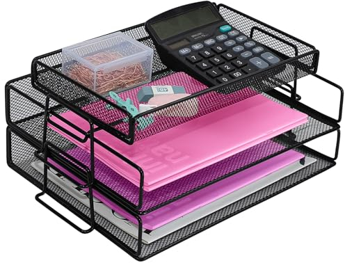 ideallife Letter Trays Stackable with Top Stationery Holder, 2-Tier Metal Desk Organizer Tray, Paper Filing Tray for Office Supplies - Black