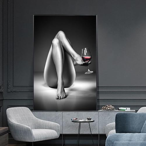 Rumlly Auf Holzrahmen gespannte Leinwanddrucke, nackte Frau, Weinglas, Gemälde, Schwarz-Weiß, sexy Mädchen, Poster, Wandkunst, modernes Bild, 30 x 45 cm Innenrahmen