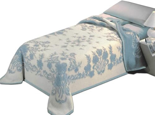 GC ARREDOCASA Coperta Lana Piazza e Mezza Pura Vergine 450 gr/mq con Lavorazione Floreale - Azzurro - 100% Made in Italy - Coperta Calda Invernale Soffice