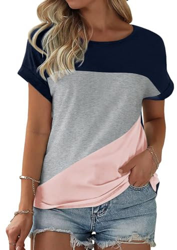 Fisoew Damen T-Shirt Rundhals Farbblock Kurzarm Shirt Casual Oberteil Sommer Locker Baumwolle Tee Tops (Rosa, XL)