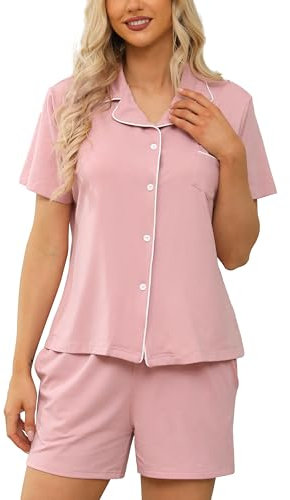 Lovasy Pyjama Coton Femme Short Ensemble Pyjamas Légers Col V Manches Courtes Chic Été 2 Pièces Vêtements de Nuit Court Boutonnée A Rose S