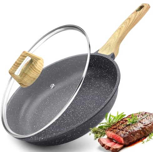 GiPP Nonstick Frying Pan Skillet with Lid - 24cm Grey Granite Non Stick Pans, Omelette Pan with Heat-Resistant Handle, Compatible with All Stovetops, PFOA Free (Grey, 24+lid)