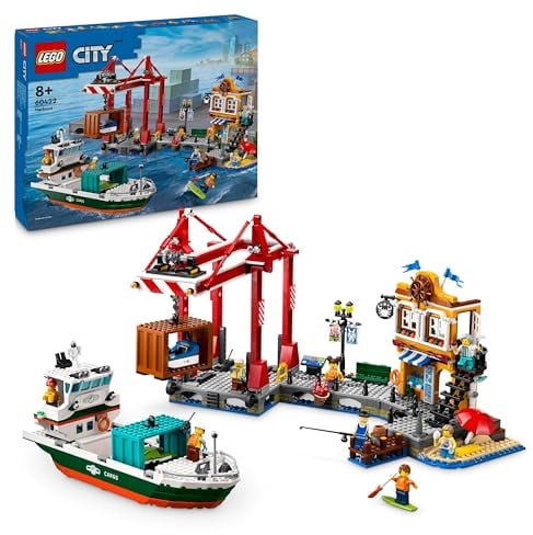 LEGO City Puerto Marítimo con Buque de Mercancías, Barco de Juguete de Construcción, Regalo para Niños y Niñas de 8 Años o Más, Grúa de Contenedores, Minifiguras, Caña de Pescar y Walkie Talkie 60422