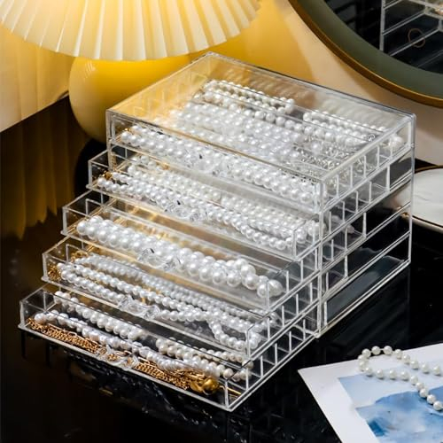 Zinaroty Acrylic Necklace Storage Box, Dustproof Jewellery Box, Necklace Display Tray with 3/5 Clear Drawers, 18/30 Compartments, Pendant Necklace Storage Box for Women and Girls (5 Drawers)