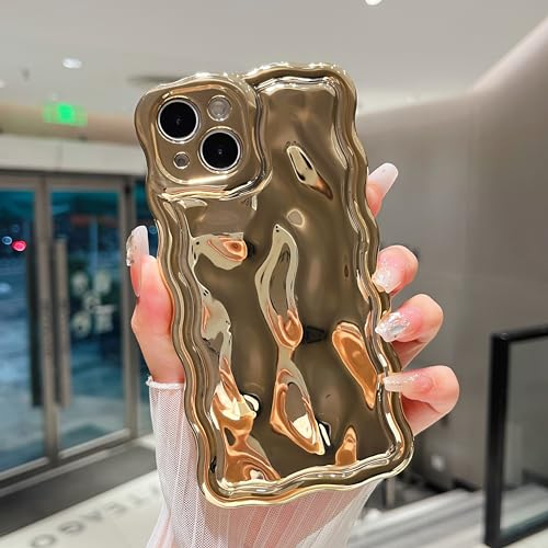 ZTOFERA Wavy Case for iPhone 15 Pro Max (6.7-Inch), Cute Wave Frame Shiny 3D Ripple Electroplating Design Protective Phone Case Soft TPU Bumper Shockproof Cover for Girls Women, Gold