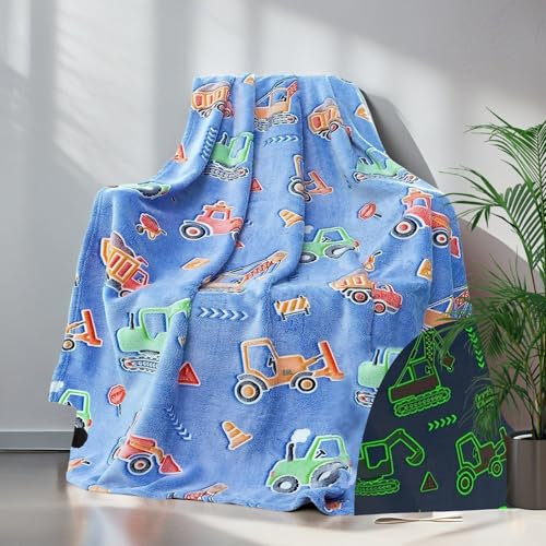 HSGLGNA Kuscheldecke Kinder Dinosaurier Decke Leuchtet im Dunkeln,Dinosaurier Muster Weiche Mikrofaser Flauschig Decke,Tolle Geschenke für Dino Liebhaber (Konstruktion, 130x150 cm)