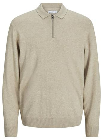 JACK & JONES Mens Jjeemil Polo Half Zip Ls Noos Knitted Jumper, Oatmeal, L UK