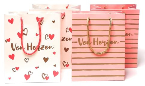 4 Stück Premium Geschenktaschen - Von Herzen - á 23x18x10 cm Geschenktüte Papiertüte - 2 Motive