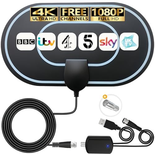 4K HD TV Aerial - Amplified Digital HDTV Aerial with Signal Booster for Local Channels - 360° Long Reception Indoor Aerial Support All Types TV