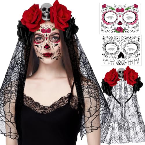 MQIAN Halloween Haarreif Mit Schleier,La Catrina Haarreif,Mexikanische Totenmaske,Halloween Kostüm Tag Der Toten Damen,Tag Der Toten Haarreif Schleier Halloween,Tag Der Toten Haarreif Mit Schleier