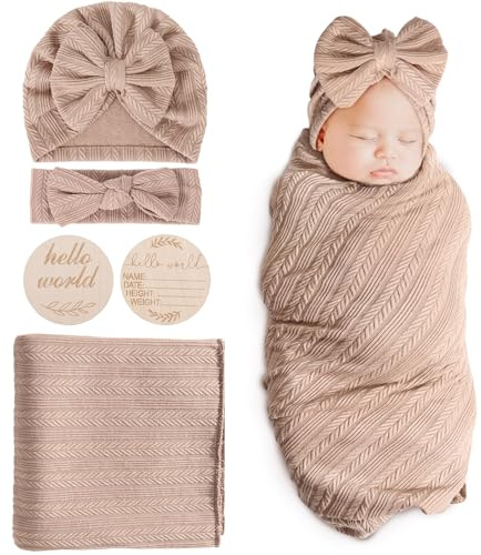 DRESHOW Newborn Baby Blanket Soft Swaddle Blankets for Infant Swaddling Receiving Warm Wraps with Bow Hat Headband