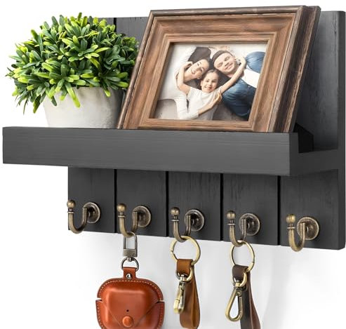Schlüsselbrett, Schlüsselbrett mit Ablage Schlüsselbrett Holz mit 5 Schlüsselhaken Schlüsselhalter Wand Schlüsselhalter Dekorativer Schlüssel für Eingang Flur Schlafzimmer Wohnzimmer, Schwarz