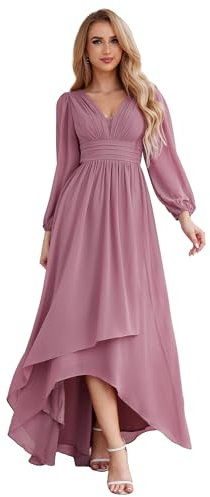 Ever-Pretty Maxi Women's Evening Dresses Double V-Neck and Long Sleeves A-Line High-Low Chiffon Bridesmaid Dress Orchid 10UK