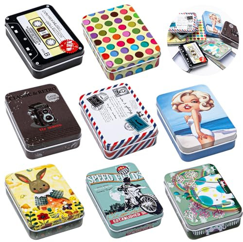 Sixfolo 8 Stück Metalldosen mit Deckel Retro Metallbox Klein Rechteckige Mini Blechdose Tragbare Bonbondose Bunt Kleine Keksdose mit 8 Motiv für Kleine Gegenstände (9x6,5x2,5cm)