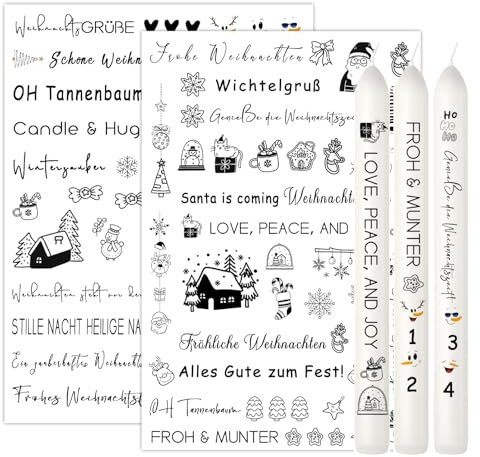 Ovaletta 2 Stück Kerzen Tattoo Weihnachten, Kerzentattoos A5, Aufkleber Adventskerze, Wasserschiebefolie für Stabkerze, Kerzen Tasse