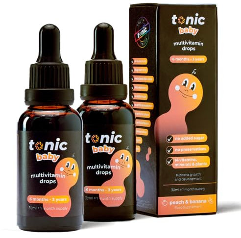 Tonic Health Baby - Gotas multivitamínicas para bebés, 14 vitaminas A, C, D, minerales y plantas, sin azúcar/conservantes, vitaminas para niños de 6 a 36 meses para crecimiento y desarrollo, melocotón