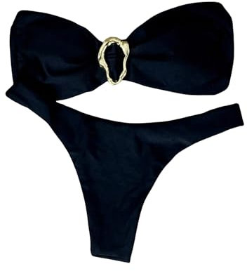 GORGLITTER Bikini Set Damen Trägerlos Bandeau Bikini Sets Zweiteiler Badeanzug Sommer Strandmode Hohe Taille Bademode 3/4 Körbchen Swimsuit Tube Strandanzug Schwarz L