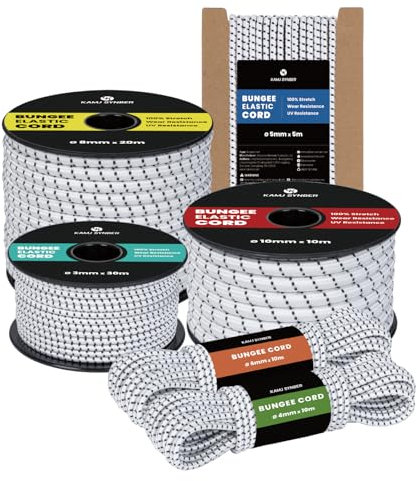 Kamu Synber Tendeur Élastique Corde Elastique 10mm x 10m Sandow Elastique pour Bâche, Remorque, Bateau, Camping | Blanc/Noir