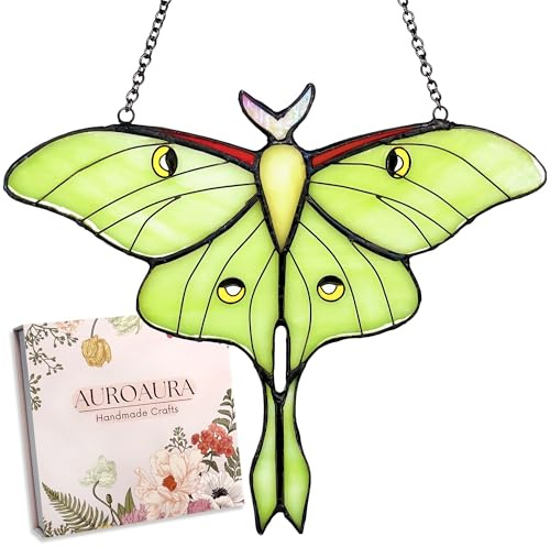 AuroAura Green Luna Moth Stained Glass Window Hanging - Handmade Real Glass Suncatcher for Women, Mom, Grandma - Elegant Green Butterfly Gifts Box Home Decor (H5.8xW7.3Inch)