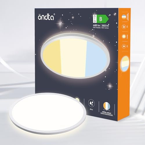ONDTA LED Deckenleuchte Dimmbar 24W, 4480LM Energieeffizienzklasse B Küchenlampe, 2700K/4000K/6500K IP44 Badezimmer Lampe, Ø40 CM Ultra Dünn LED Panel für Wohnzimmer Kinderzimmer Schlafzimmer Büro